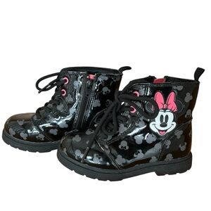 Disney Minnie Mouse Combat Boots Toddler Size 10 Black Patent Lace Up Zip Girls